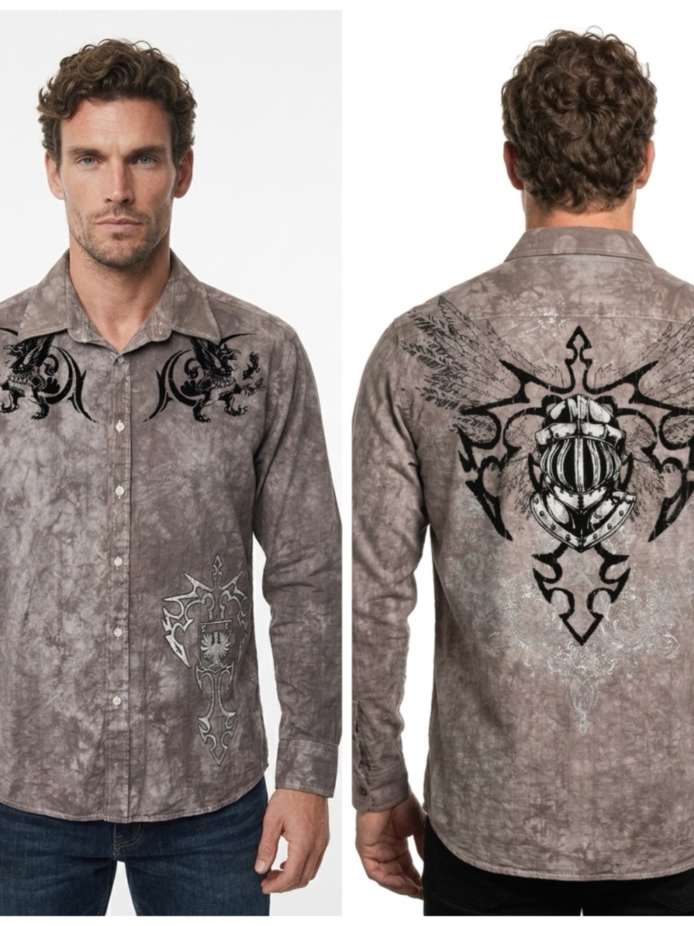 EIGHTY EIGHT • Y2K Dragon Knight Graphic Acid Wash Button Down Shirt Large